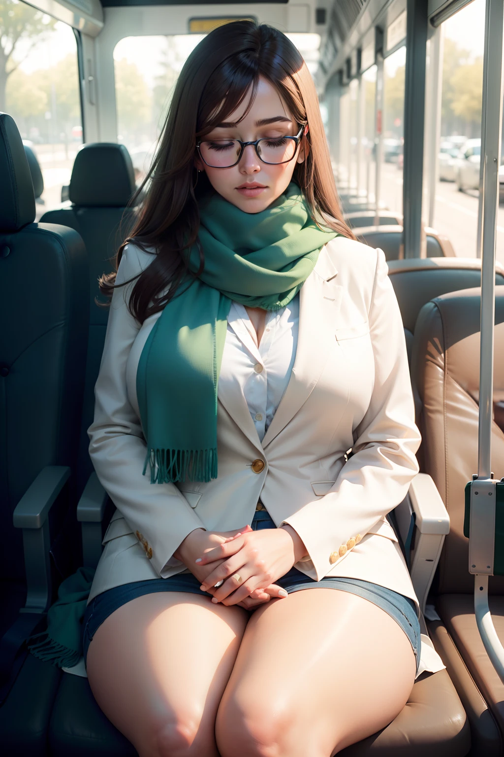 1 beautiful woman, adult, large body, brown hair, outlined eyelids, made-up eyelids, made-up face, glasses, white blazer, green shirt, turquoise scarf, blue jeans, white bag, sleeping sitting on the bus, mouth open, eyes closed.