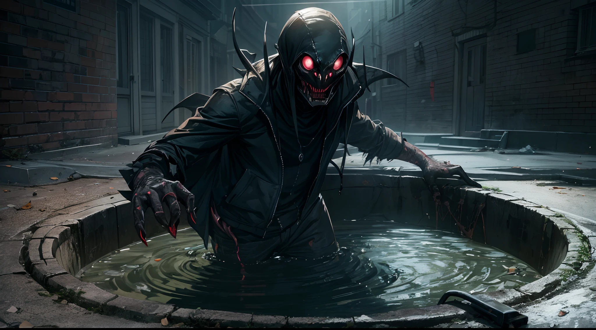 Emerging from the depths of a city's shadows, a terrifying alien akin to a malevolent spirit emerges from a manhole, spreading fear with its haunting presence.