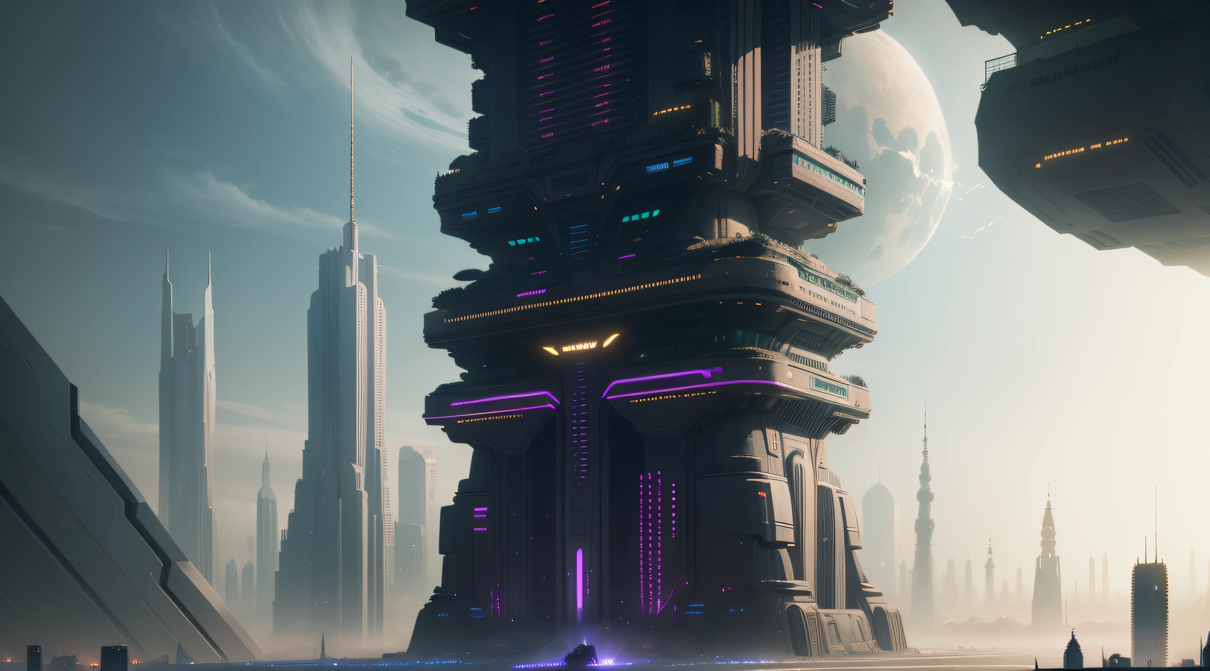 There are many high-rise cityscapes in the sky, an alien city, an alien cityscape, huge futuristic temple city, in fantasy sci - fi city, alien city, ancient sci - fi city, luminescent matte painting, Science fiction city, greg beeple, otherwordly futuristic city, Sci-fi matte painting, Alien megacity