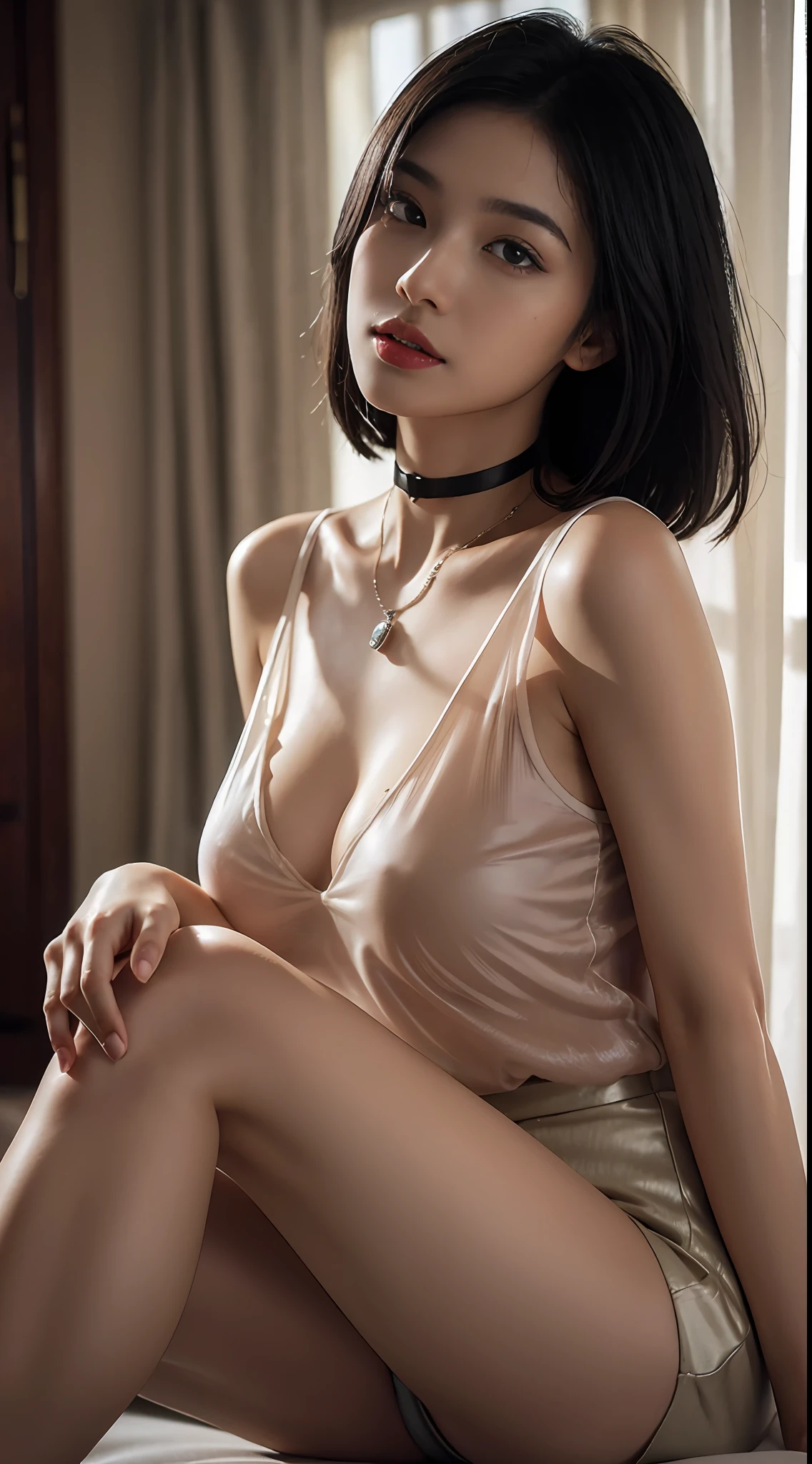 Black hair bob, (8k, RAW photo, photorealistic: 1.25), (very much lip gloss, many eyelashes, highest quality, ultra high resolution, depth of field, chromatic aberration, caustics, wide light, natural color, Japanese , Female in her 30s) Staring at the viewer, necklace, bracelet, choker, full body, big breasts, mole on chest, bare legs, see-through blouse