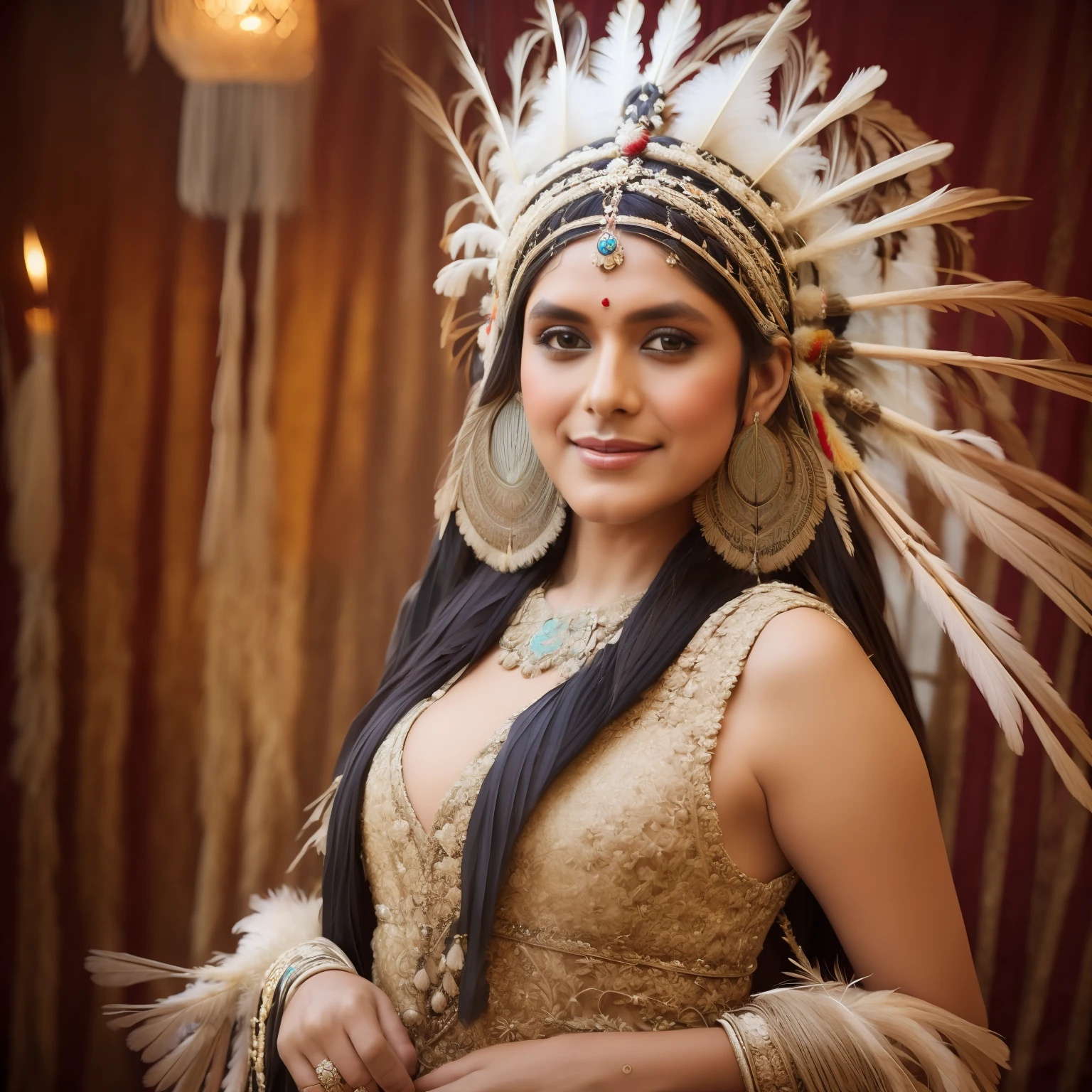 (Mrunalt) wearing a feather headdress and a feather mask, she is dressed in shaman clothes, elaborate costume, feathered headdress, headdress, ornate headdress, centered headdress, native american, aztec princess portrait, beautiful costume, indian warrior, native american warrior, american indian headdress, : native american shamen fantasy, wearing crown of bright feathers