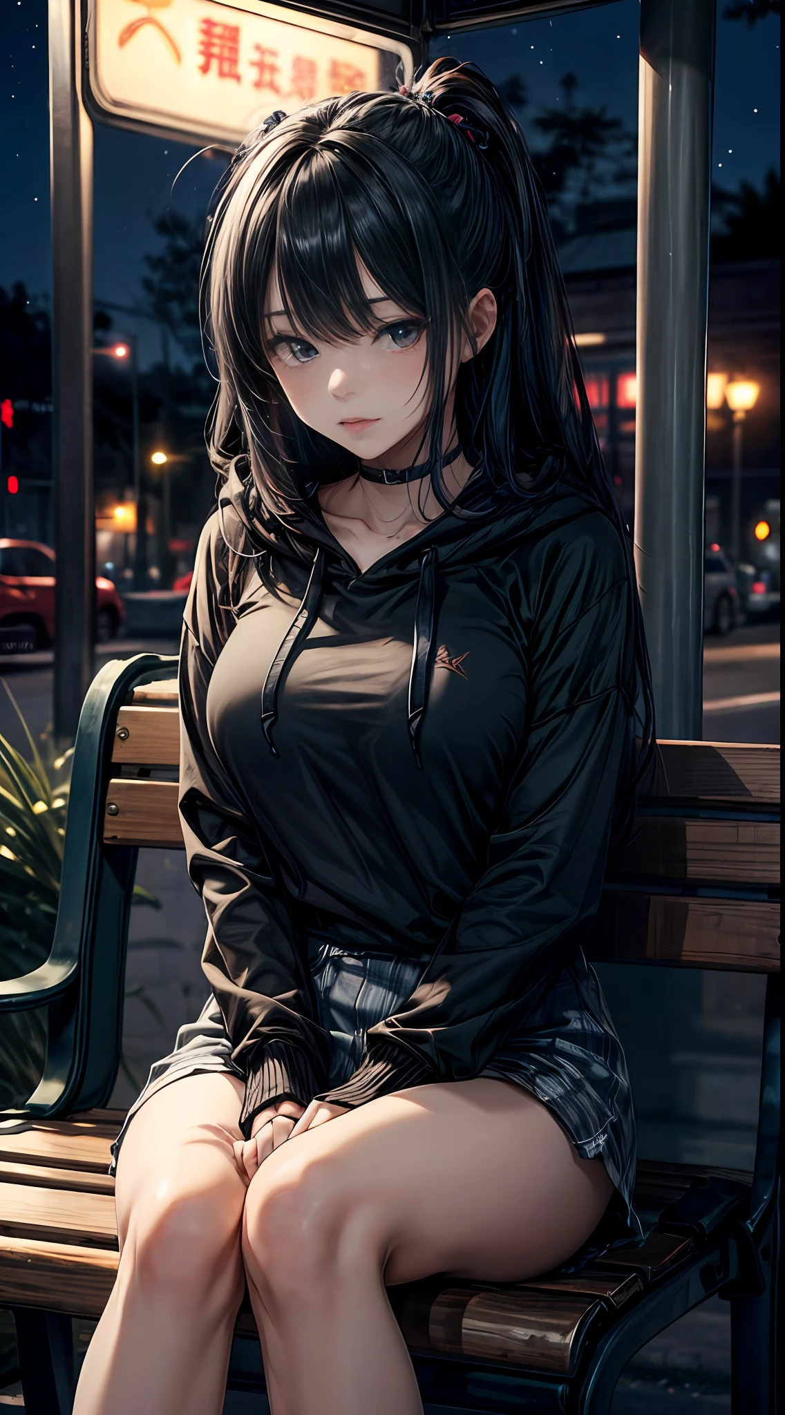 (masterpiece), (best quality:1.1), (ultra-detailed:1.1), (extremely delicate and beautiful), (best irritability:1.2) One girl sitting on a bench at night, black hair, long hair, long bangs, blue inner hair color, poor breasts, oversized hoodie, night, rural, old bus stop under dim light, high quality