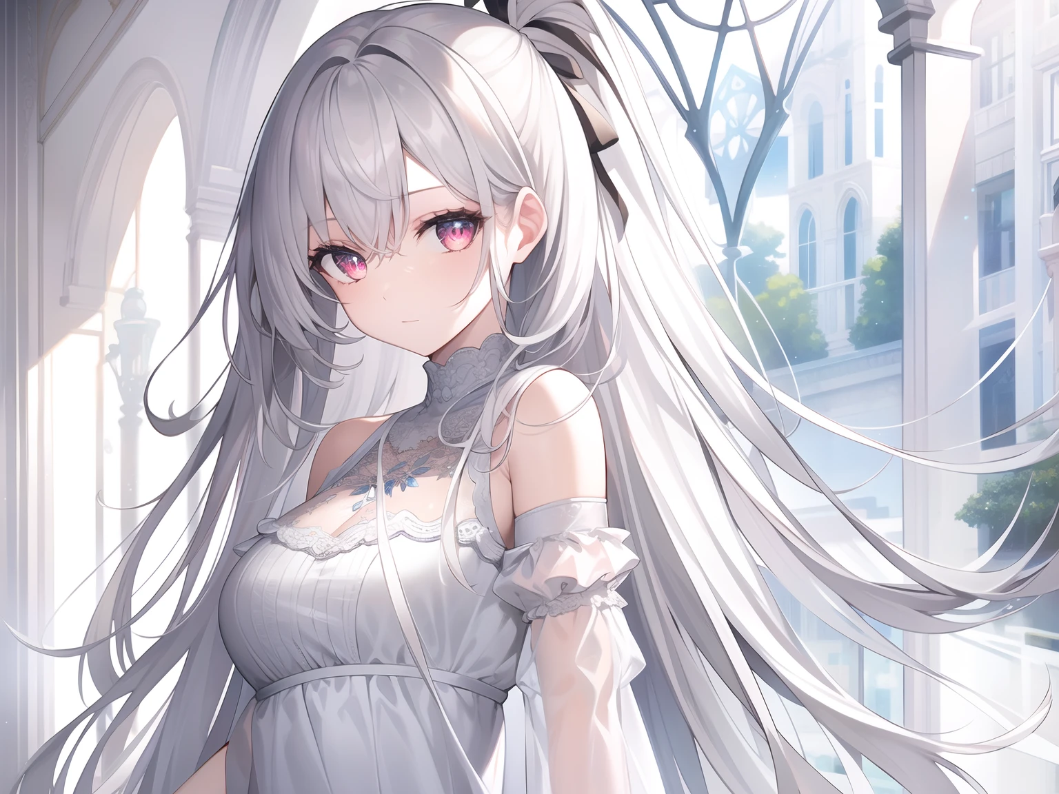 ((Masterpiece, Best quality))++, Detailed light+, Detail hair+, detail hand+ ,1girll, woman, Long hair, Crimson eyes, Beautiful eyes, Young gray hair,,(Beautiful white hair:1.5),(Beautiful detailed eyes), high resolution+, blacksilk , a black skirt, Glass tones, Reflective eyes, {{Angle}} , extremelydetailedwallpaper, Original, ,