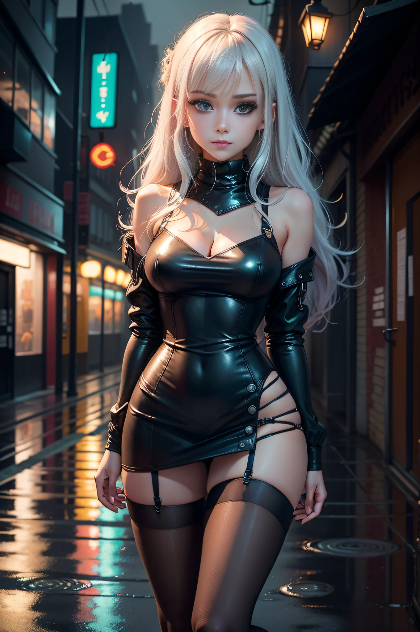 (best qualtiy,tmasterpiece:1.3), beuaty girl, Rainy days, Mist, alleys, looking at viewert, facing the photo, Cyberpunk-city, Alone in the alley, Neon lights in the alley, Very reflective city, long whitr hair, leg-garter,Tight miniskirt,nedium breasts,Clothes with openings, perfect hand,delicated,the night,sat on the ground,Place one hand between your legs