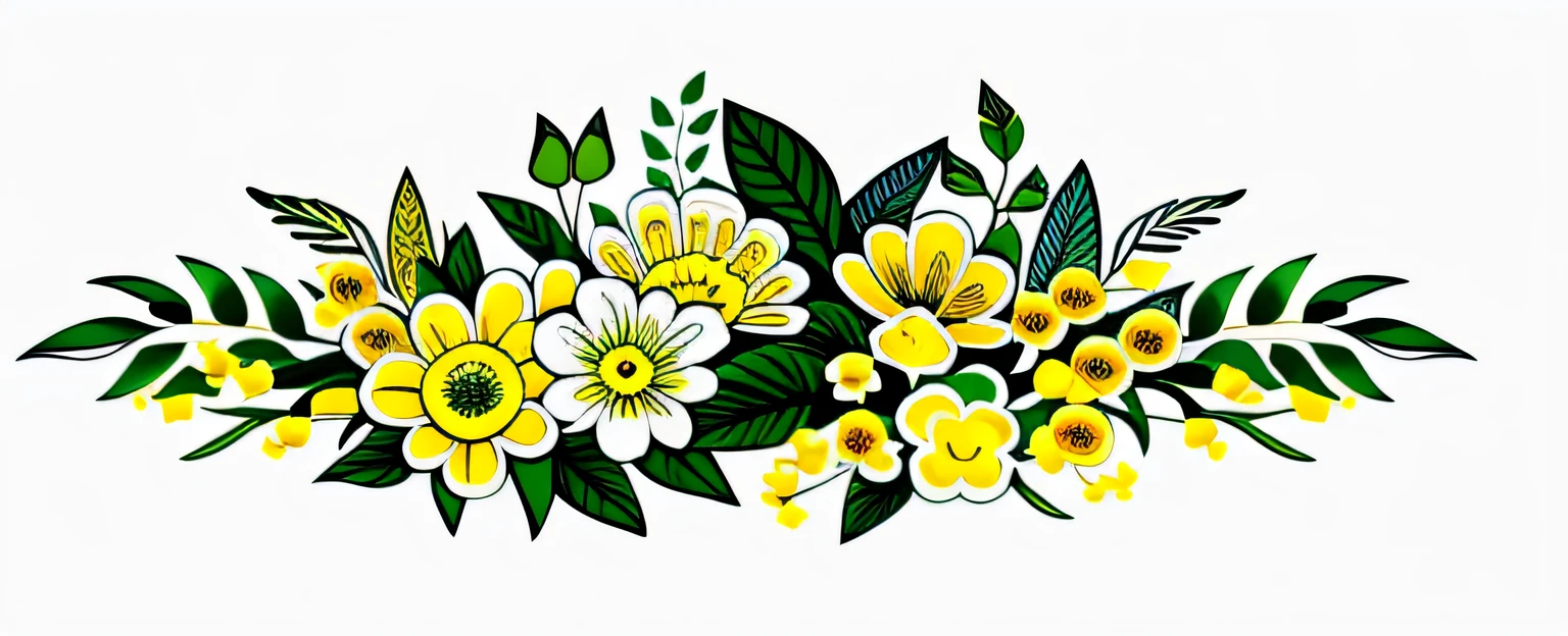 Painting of a bouquet of flowers，Green leaves, Yellow-white flowers, hand drawn svg, illustratio, Sketch color, Line art, vectorial art, , Line - Art, Line art, svg vector art, Color art coloring