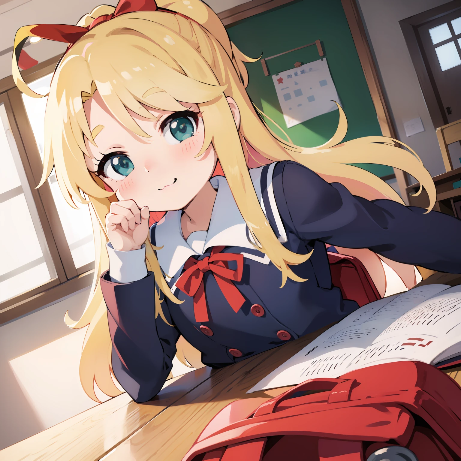 Studio Apartment Rooms　 girl, 14 years old,breasts, blonde, long pigtails, red ribbon in pigtails, purple eyes （（one person）） Smiling face, white long sleeve blouse on top, navy blue mini skirt on bottom, blue tie, white with light blue horizontal stripes, black socks, Otaku&#39;s room　Lying in bed　Knees up, legs slightly apart（（I can see her panties））　Angle from the feet　Dynamic Angle　Low - Angle