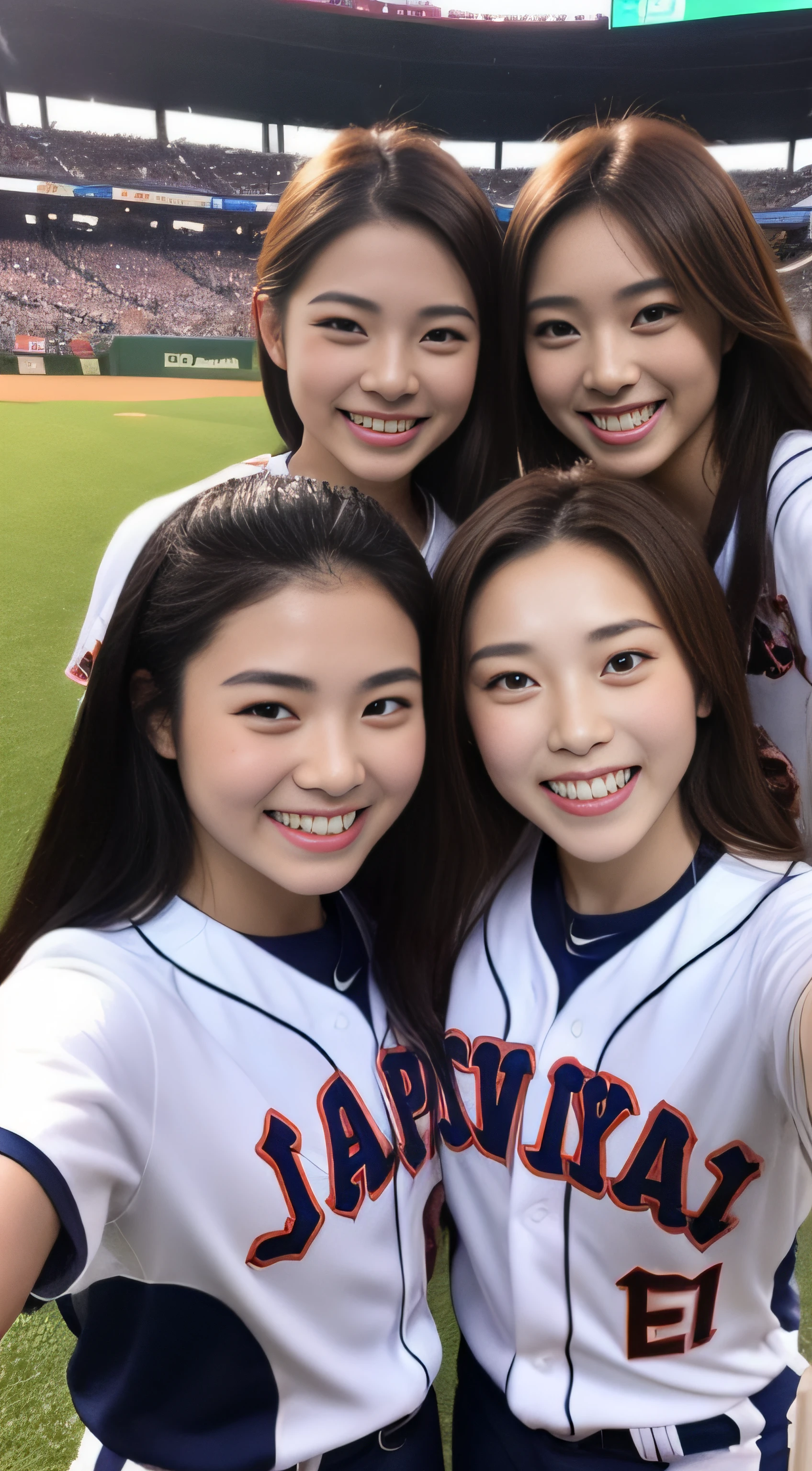 cheering party、hiquality、A hyper-realistic、healthy、Smiling expression、Slender perfect figure、Japan beauties、Beautiful eyes、Beautiful double、Beautiful skin、baseball field