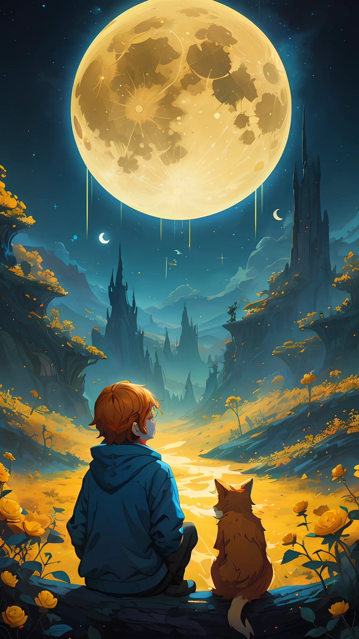 there is a 9  boy sitting on a rock with a fox looking at the moon, inspired by Cyril Rolando, cyril rolando and goro fujita, beeple and jeremiah ketner, cyril rolando and m. w kaluta, cyril rolando and m.w kaluta, in style of cyril rolando, anton fadeev and dan mumford