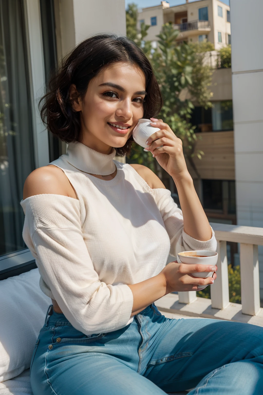 masterpiece, best quality,  a fair skinned white woman wearing a detailed green turtle neck sweater with an intricate black leather jacket with blue jeans at a street party at night, angular afro haircut, jacket off one shoulders, midriff, smile, teeth, insane ultra hires, extreme intricate details, tooth gap, round ass, big nose, (full nose:1.3), face shadow

HDR, natural lighting, volumetric shading, dynamic pose, Hyperrealistic,  realistic lighting, dramatic shadows, hard focus, high contrast, dramatic perspective

dramatic shadows,Create a photorealistic image of a young Gujarati woman sitting casually on her apartment balcony on a Sunday morning around 9am, wearing unfussy home clothes. Depict her in a comfy oversized graphic tee and cotton pajama pants, an authentic relaxed weekend look for lounging at home. Show her barefaced and fresh-faced, with no makeup, sipping a cup of chai tea as the morning sun streams in. Include details of her contemporary, chic home visible through the balcony doors. Craft the lighting to feel like a quiet, intimate moment. The mood is calm, contemplative, not posed or perfected. Capture her natural grace and beauty even in this ordinary unguarded moment, starting her day peacefully before the rush begins. Generate this respectful candid scene with care.
