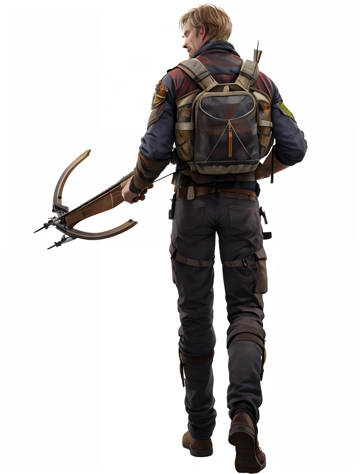 The back of a man,short detailed hair,Middle aged,Wear shabby clothes,Bring a life jacket,Take a hunting crossbow, Hyper-realistic, hyper - realistic, ultra - detailed, cgartists, More details,Perfect detail