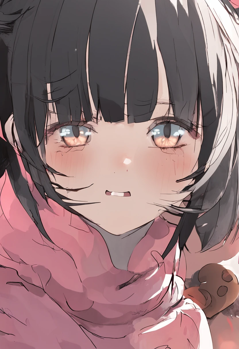 black hair, hair bobbles, wince, longeyelashes, solid circle eyes, fake animal ears, light smile, ear blush, fang, Surrealism, drop shadow, anaglyph, stereogram, tachi-e, pov, atmospheric perspective, 8k, super detail, ccurate