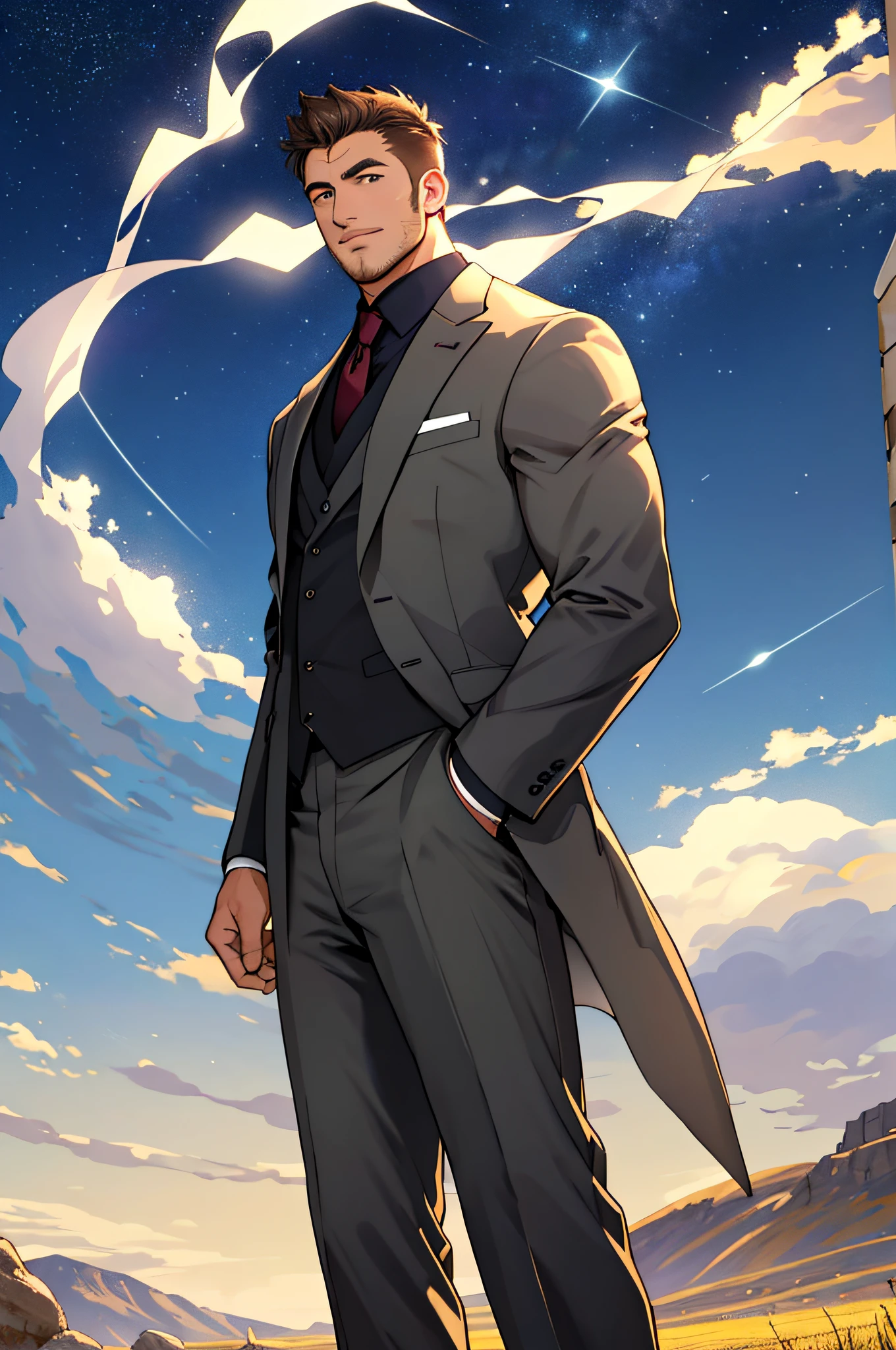 Draw a full-fledged footballer,Standing on the steppe at night,Quiet and comfortable background,He wears the same suit as the country's president,The suit fits perfectly,rays of sunshine,cheerful big breasts,Handsome,eyes with brightness,The man looks confident and determined,looking-down,Crew cut,full bodyesbian,Stars dot the sky,shooting from below,Big moon highlights background