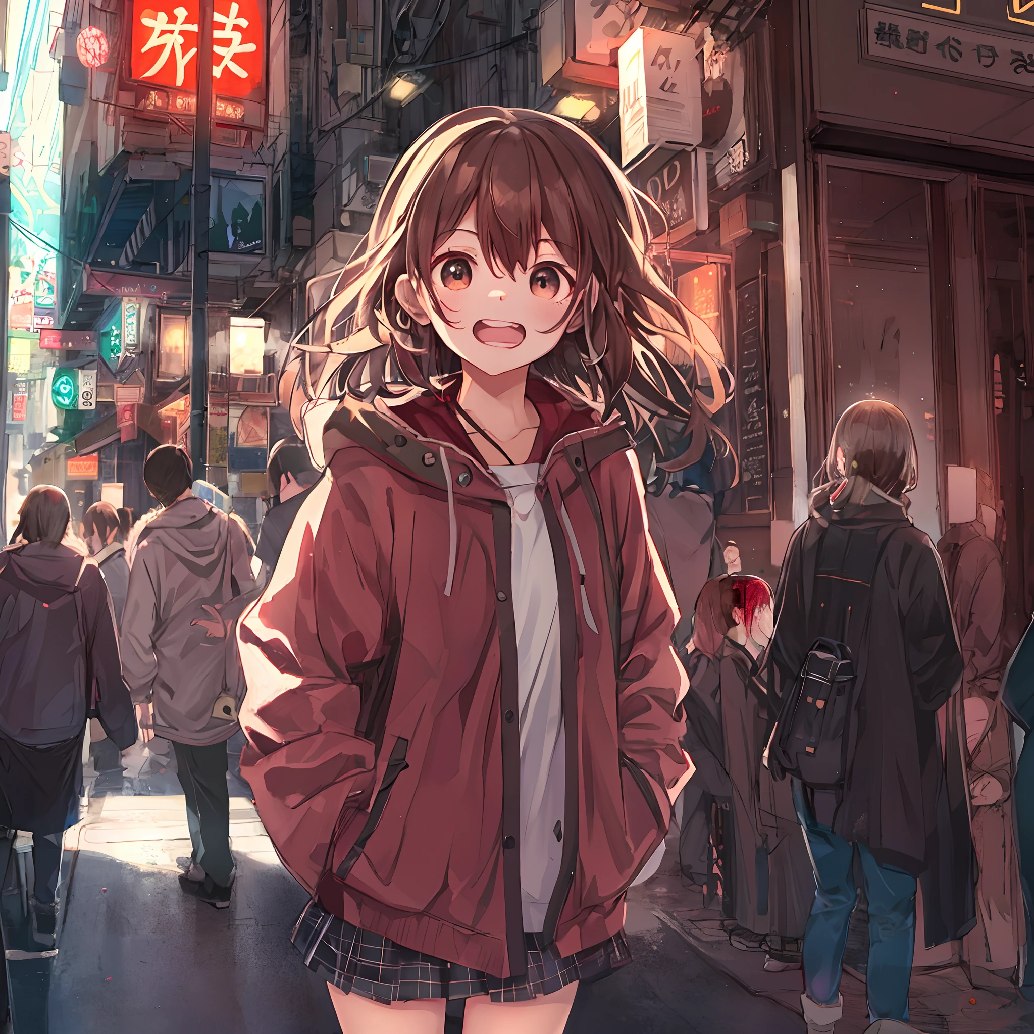 absurderes, hight resolution, (Anime style:1.1), ((masutepiece)), ((Best Quality)), (Ultra-detailed), (Beautiful), 独奏, Beautiful face、(liftup),Cute ****** girl standing on the street of urban red light district,Wind,Thin brown hair, Eyes are brown,Casual clothing,Laugh,Looking at Viewer,Lens Flare,Dramatic,Lots of crowds