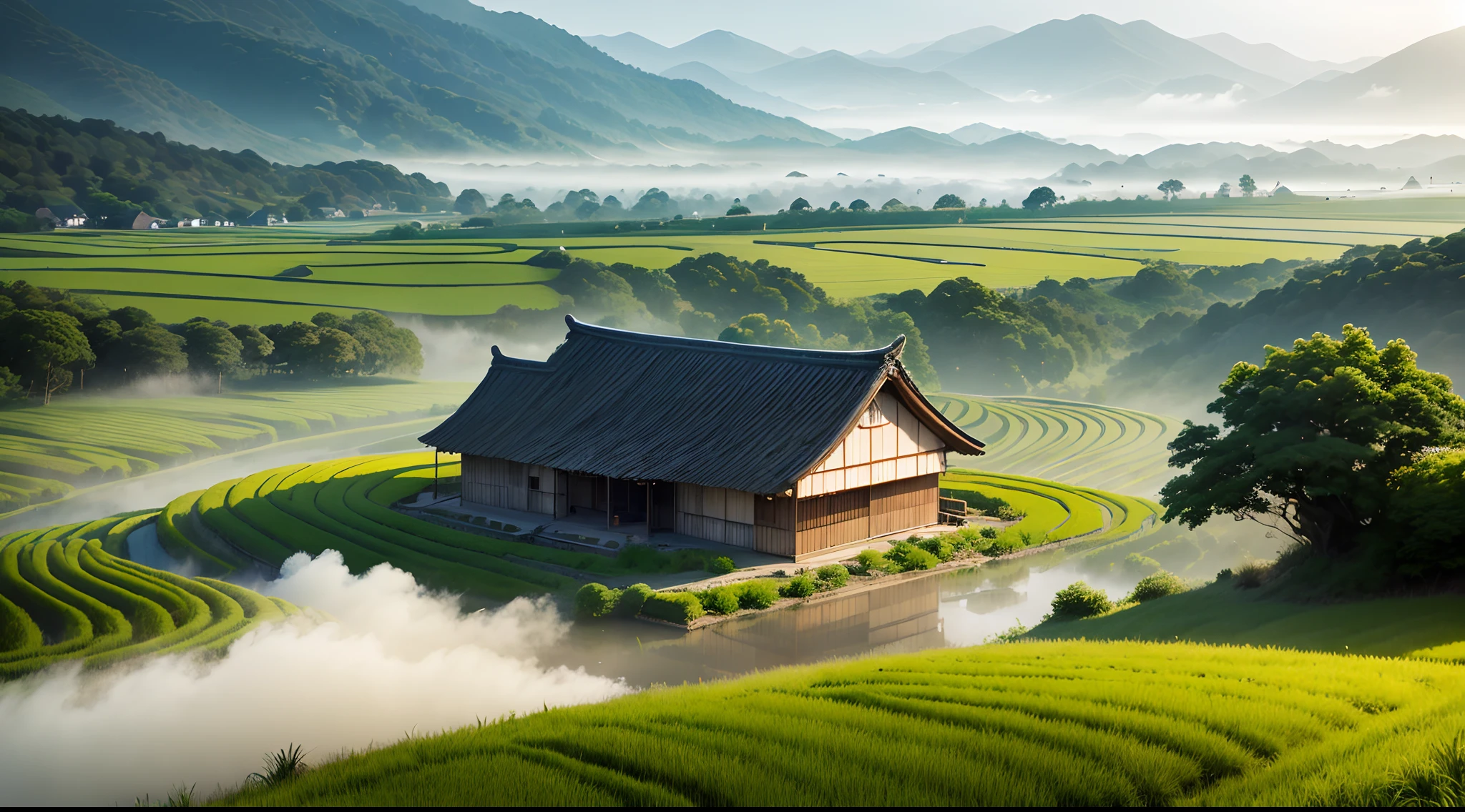 Large expanses of terraced fields, mountains, huts, with rice fields, rice fields, neat rice seedlings in the fields, misty rain, villages, agriculture, in the tranquil landscape, misty weather, in the vast tranquil landscape, in the early morning, in the morning mist, behind a small village, mist, Japanese countryside, thatched roofs --v 6