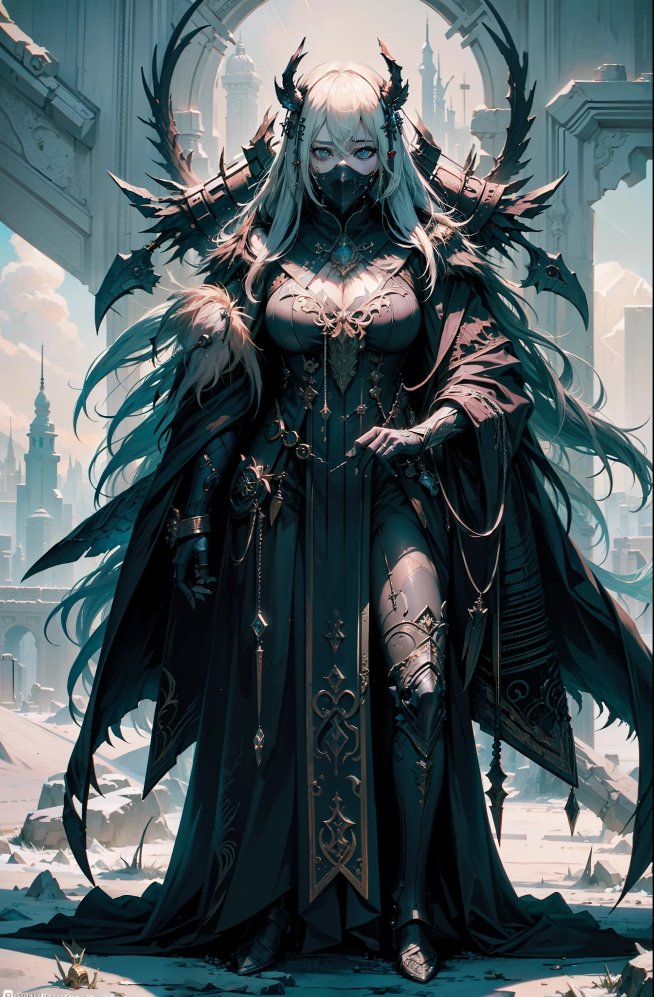 (Full body standing), Full body shot, Full body, Classic chromatic aberration very beautiful face dark goddess macro closeup - portrait with mask made by Ramskull, Baron of Darkness, bio luminescent, plasma, Ice, Water, Wind, creature, The very intricate artwork of these ornaments is、by Tooth Wu, WAP, beeple, and greg rutkowski.
