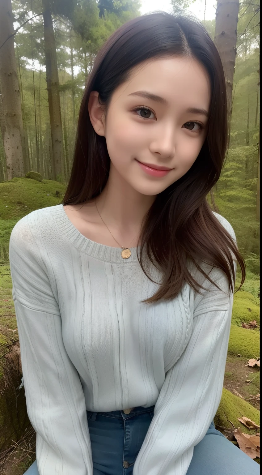 A smiling girl,Skinny sweater jeans,Sitting on a large mossy rock in the woods,com rosto detalhado,The eyes are delicate,The photo quality is the best,Realistic image quality,Background diffuse lighting,Depth of field display。