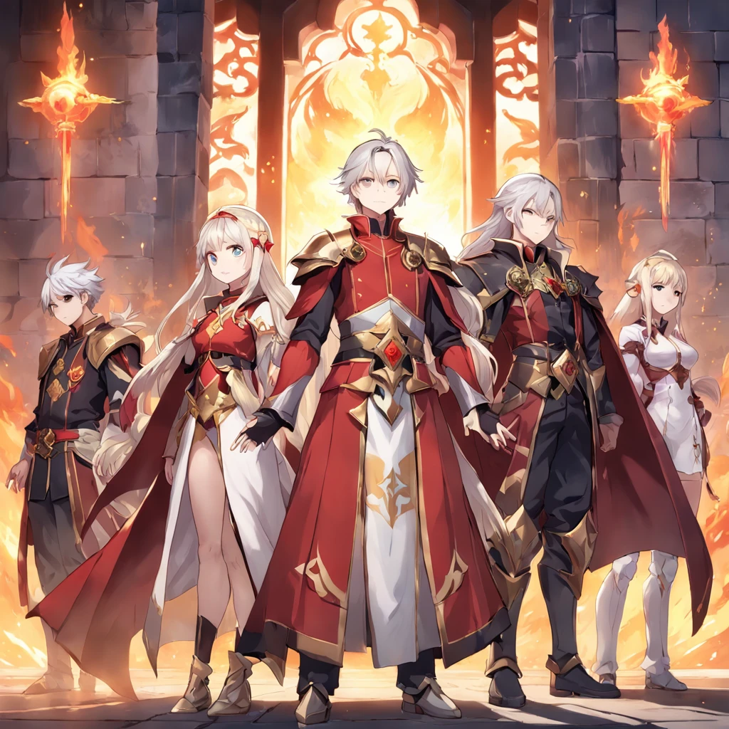 an anime drawing of a white haired young man in a red and gold outfit, picture of a male cleric, edelgard from fire emblem, edelgard fire emblem, half invoker half megumin, megumin, rpg portrait full body, zhongli from genshin impact, female cleric, keqing from genshin impact, fullbody rpg portrait, masterpiece, best quality, movie still, 1man, oriental chinese man, standing in front of chinese castle, close-up, bright, happy, warm soft lighting, sunset, (sparks:0.7)