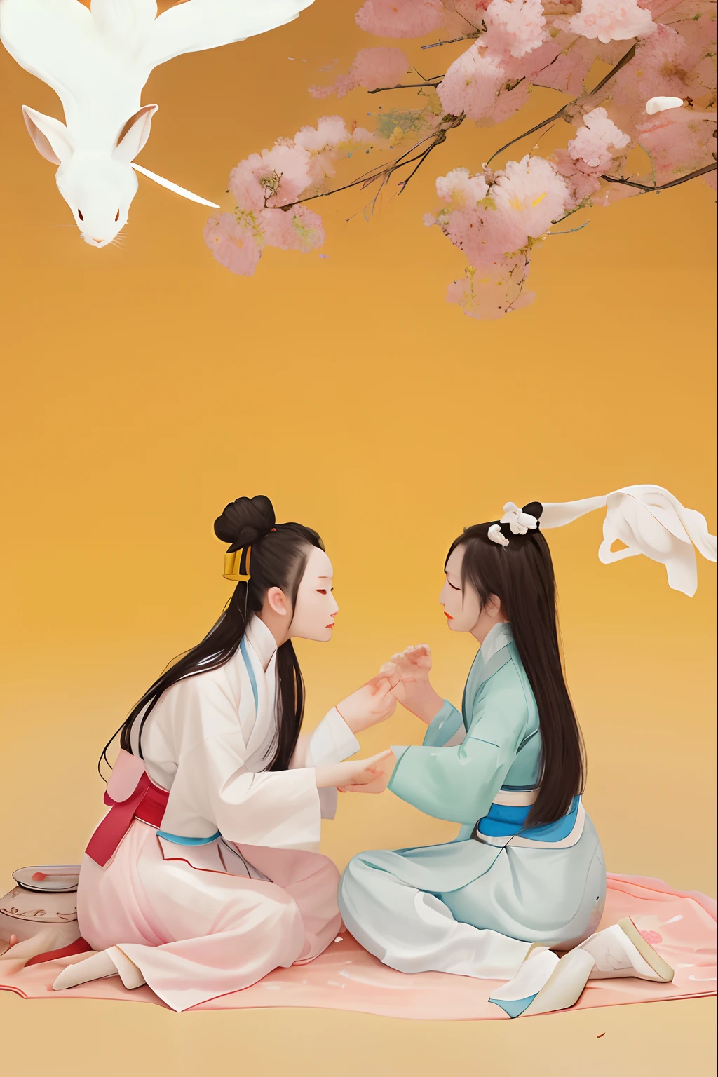 On the ground lay two women and a white rabbit, Hanfu, inspired by Ma Yuanyu, Palace ， A girl in Hanfu, inspired by Xia Gui, inspired by Luo Mu, inspired by Lü Ji, animation illustrative style, inspired by Tang Di, inspired by Xie Sun, Inspired by Qiu Ying, A beautiful artwork illustration