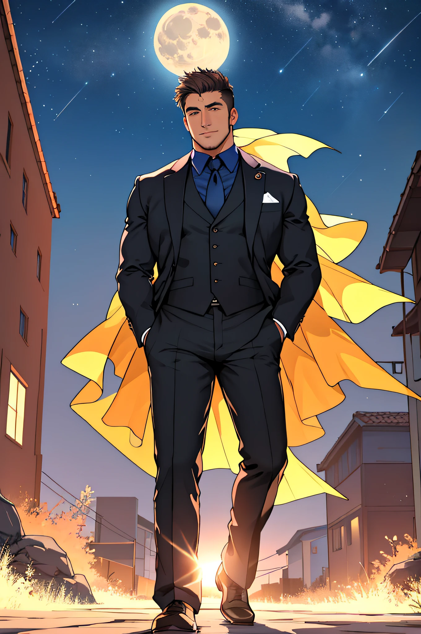 Draw a full-fledged footballer,Standing on the steppe at night,Quiet and comfortable background,He wears the same suit as the country's president,The suit fits perfectly,rays of sunshine,cheerful big breasts,Handsome,eyes with brightness,The man looks confident and determined,looking-down,Crew cut,full bodyesbian,Stars dot the sky,shooting from below,Big moon highlights background