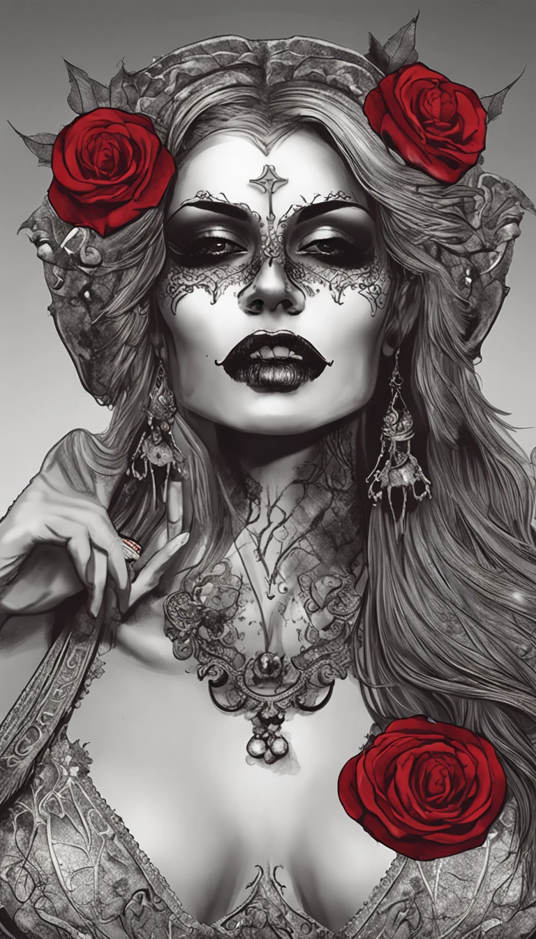master part, extremely high quality, HD 8K, 1 menina vampira, WITH A RED ROSE IN HER HAIR AND A SKULL IN HER HANDS, atmosfera assustadora, GOTHIC BLACK DRESS, boca aberta, dentes de vampiro, olhos vermelhos ,(obra-prima premiada , melhor qualidade:1. 2) , Christian Vampiro Zumbi, Rosto detalhado , Olhos cinzentos, cinemactic , Gloomy Illumination, aesthetics of horror, ambiente altamente detalhado, 16k, UHD, HDR, (master part:1. 5), (melhor qualidade:1. 5)