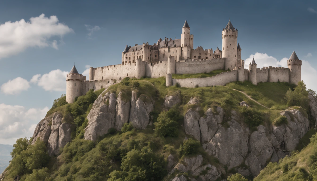 photo realistic,castle on a hill, cloudy blue sky, 4K wallpaper, merchants traveling on pathway.