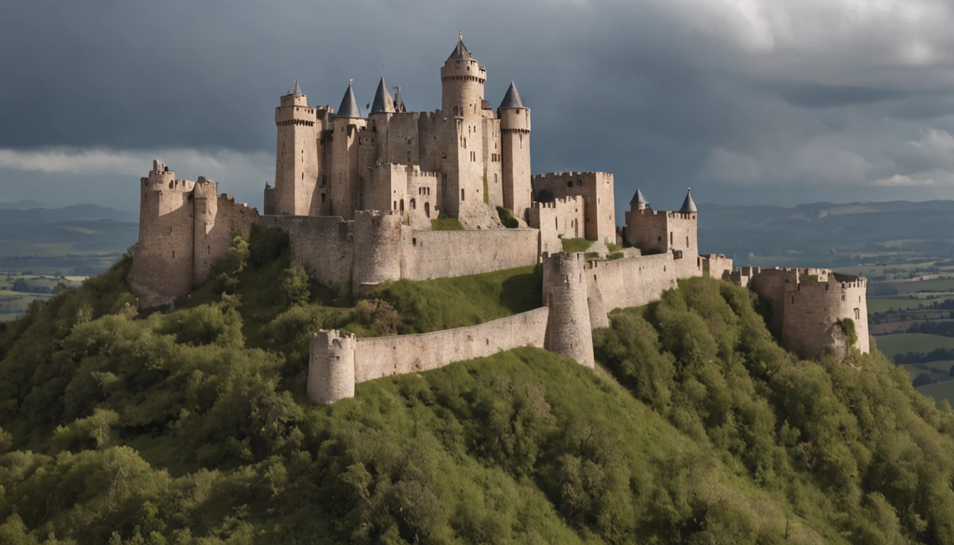 photo realistic,castle on a hill, cloudy blue sky, 4K wallpaper, merchants traveling on pathway.
