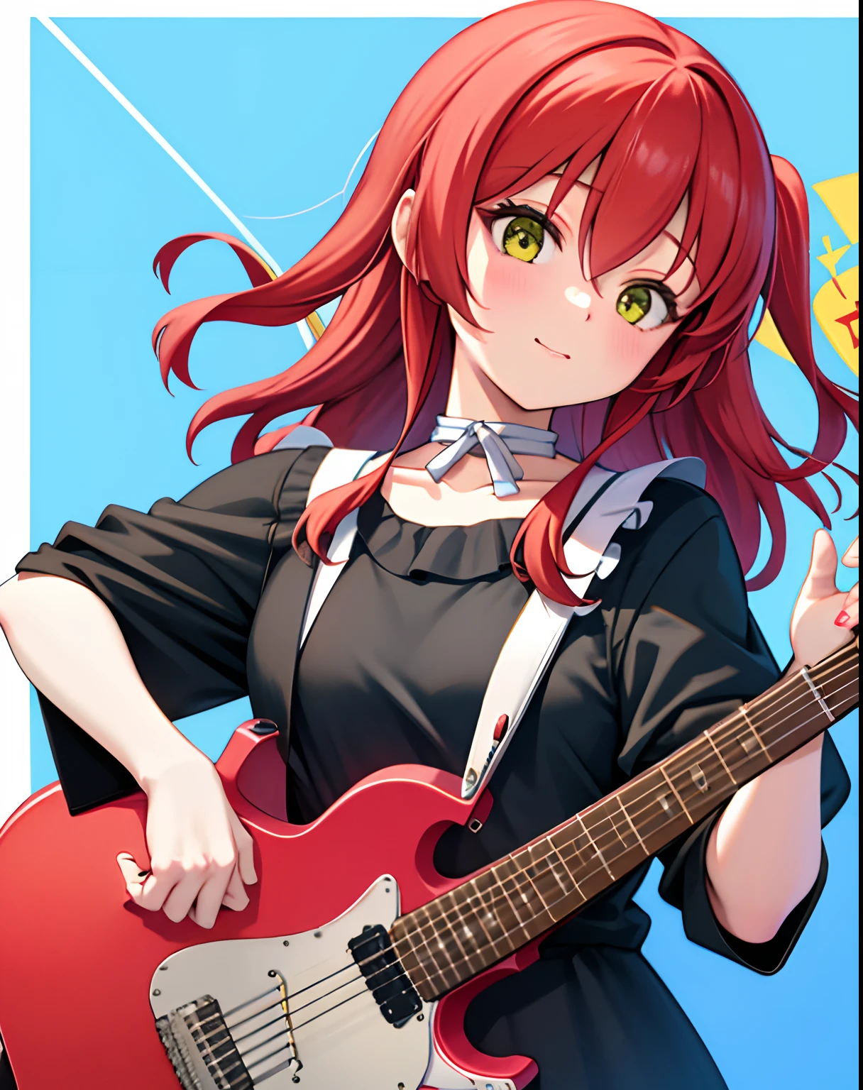 hyper-detailing，1girll,(校服:1),Kitayuse, Red hair, plays the electric guitar, Emoji seduction，Concert，Play guitar，Complete body