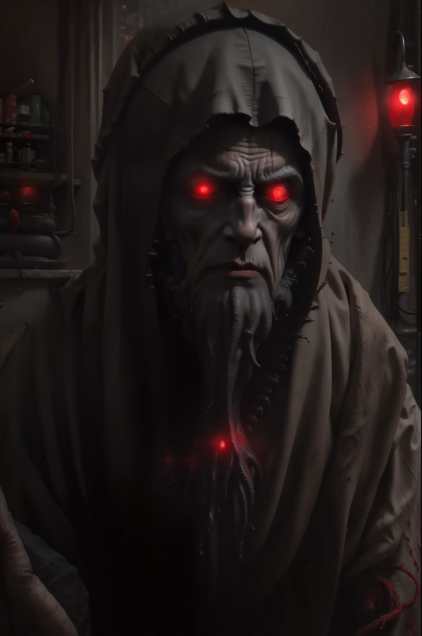 An old ruler of Cthulhu fell into darkness, Damp and scary place, Surrounded by strong red lights, it feels like daytime,It's like being in hell,