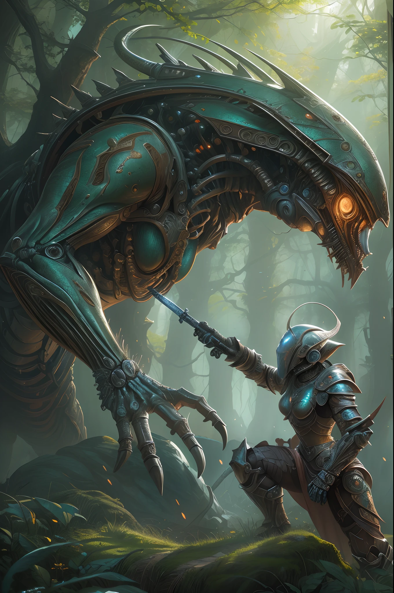 high details, best quality, 16k, [ultra detailed], masterpiece, best quality, (extremely detailed), full body, ultra wide shot, photorealistic, fantasy art, rpg art, sci fi art, realistic art, a wide angle, (((anatomically correct))), fantasy art, sci fi art, a green skined alien fighting an elf fantasy warrior, science fiction against fantasy, a battle between alien and an elf, alien fighting a fantasy elf (((1)) medium sized alien, a creature from outer space, alien (intense details, Masterpiece, best quality) with green skin, wearing mech armor reelmech, armed with laser gun, fighting (((1))) female fantasy elf knight  (intense details, Masterpiece, best quality), wearing elven armor LnF elven armor, armed with a sword, fantasy agains sci fi, fantasy forest background, dynamic light, High Detail, Ultra High Quality, High Resolution, 16K Resolution, Ultra HD Pictures, Ultra Realistic, Clear Details, Realistic Detail, Ultra High Definition