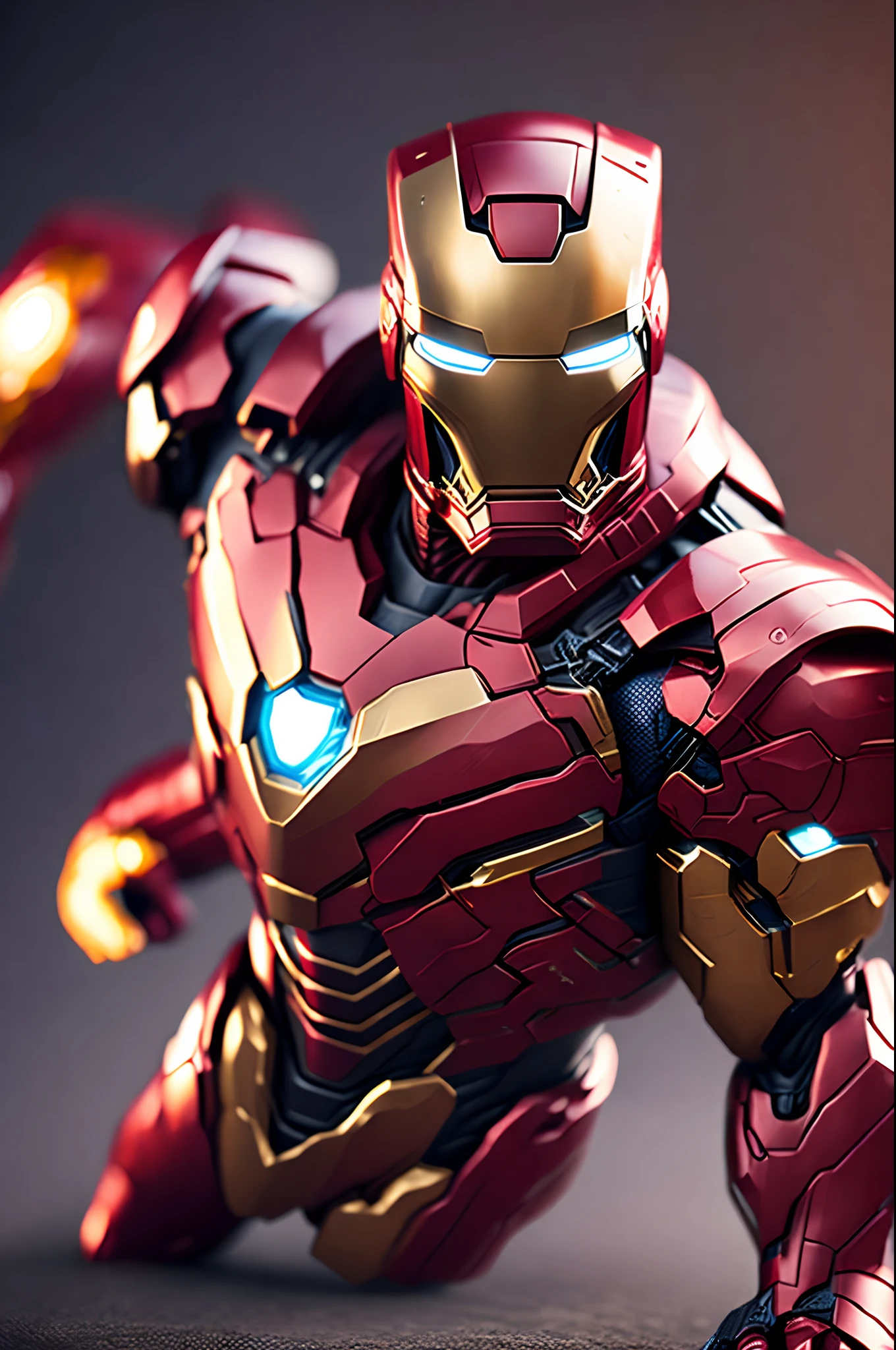 Q version blind box， Marvel version，3D portrait of Iron Man, Fighting posture，Award-winning photo、Bokeh、, surrealism, Cinematic lighting, shadowing, High details, High quality, Award-Awarded, ccurate, ccurate, High details, High quality, Award-Awarded