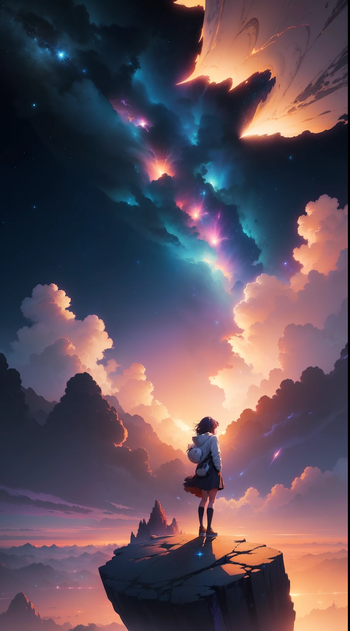 anime girl standing on a rock looking at a star filled sky, makoto shinkai cyril rolando, anime art wallpaper 4k, anime art wallpaper 4 k, anime art wallpaper 8 k, cosmic skies. by makoto shinkai, inspired by Cyril Rolando, in the style dan mumford artwork, amazing wallpaper, by Yuumei