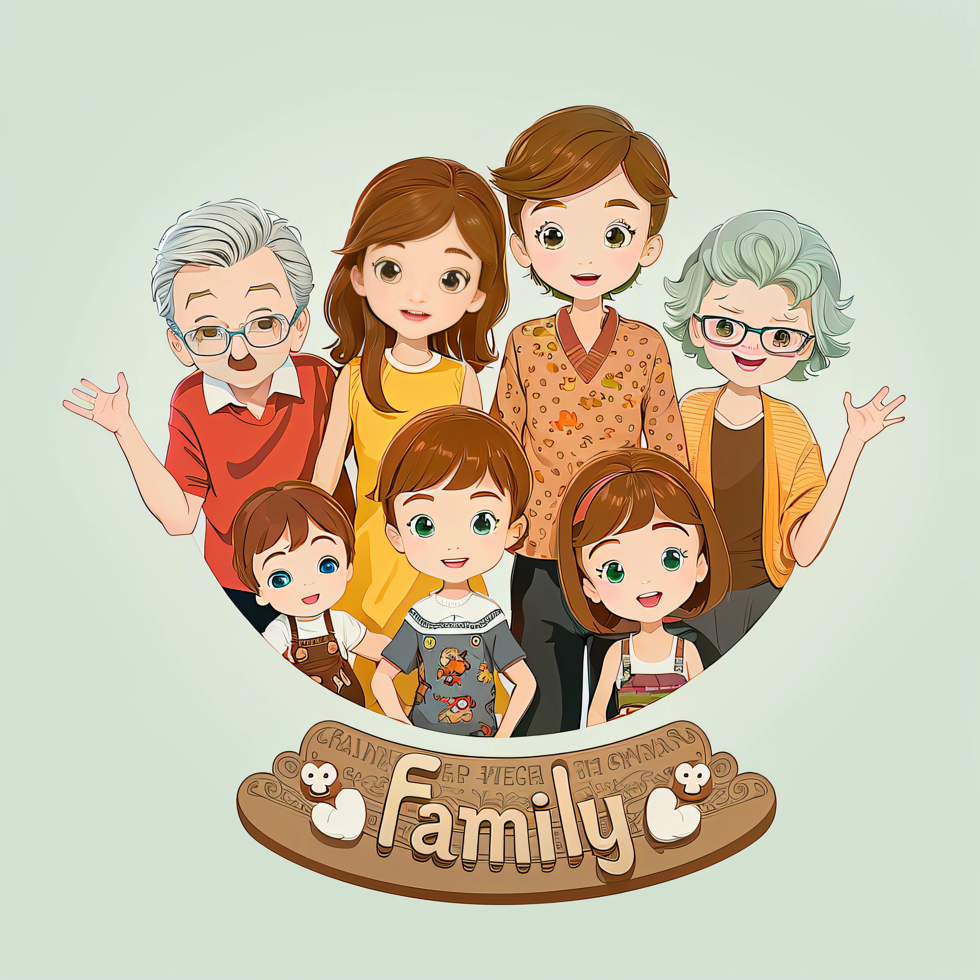 Cartoon family portrait, Grandpa and grandma, Dad and mom, Three girls, kids con,Happy family, Cartoon image, Avatar image, different ages, A cartoon illustration, family friendly, group of people