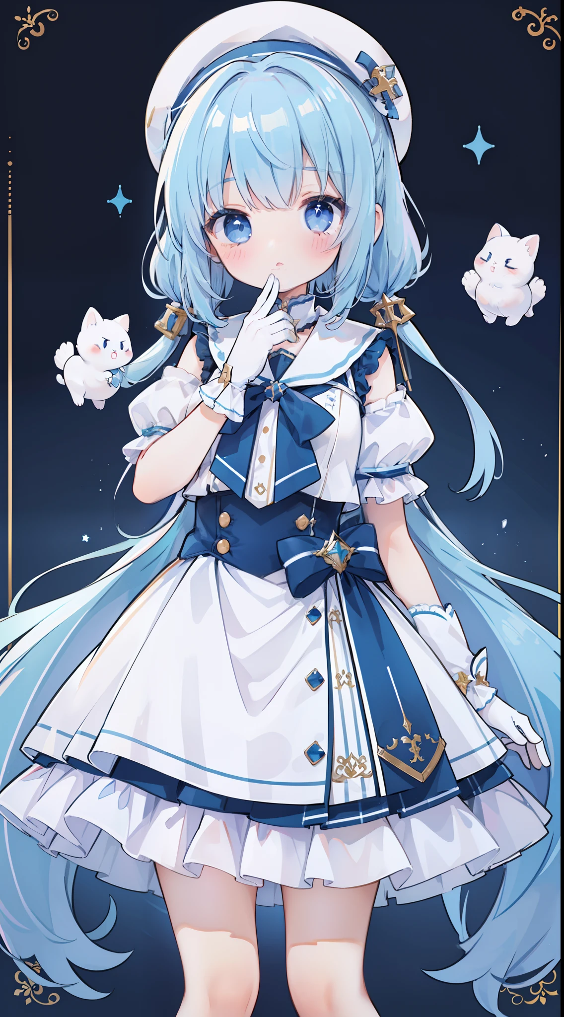 1 girl in、((full bodyesbian、Standing picture))、top-quality、Masterpiece、high-level image quality、lightblue hair、Longhaire、(white glove)、blue eyess、((White beret))、cute little、Lori、[[[[Cat's ears]]]]