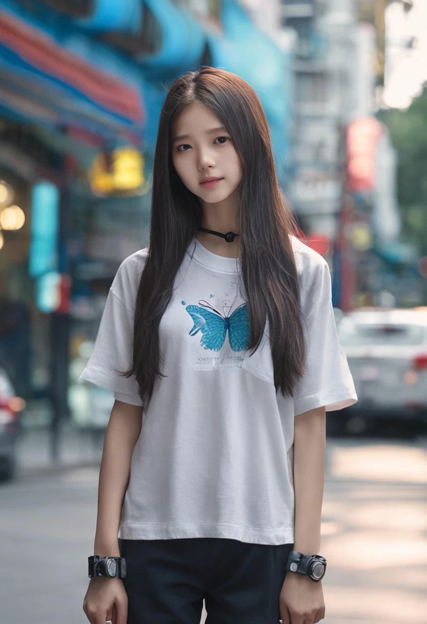 "Image Quality: 8K (Best Quality Scale: 1.2),A conon camera on her neck ,Artistic Style: Realistic, Photorealistic Factor: 1.37, Clarity: Ultra High Definition, Subject: Teenage Girl (16 yrs old) back, blue long hair, neon color, Pleasant Smile, Korean white school uniform