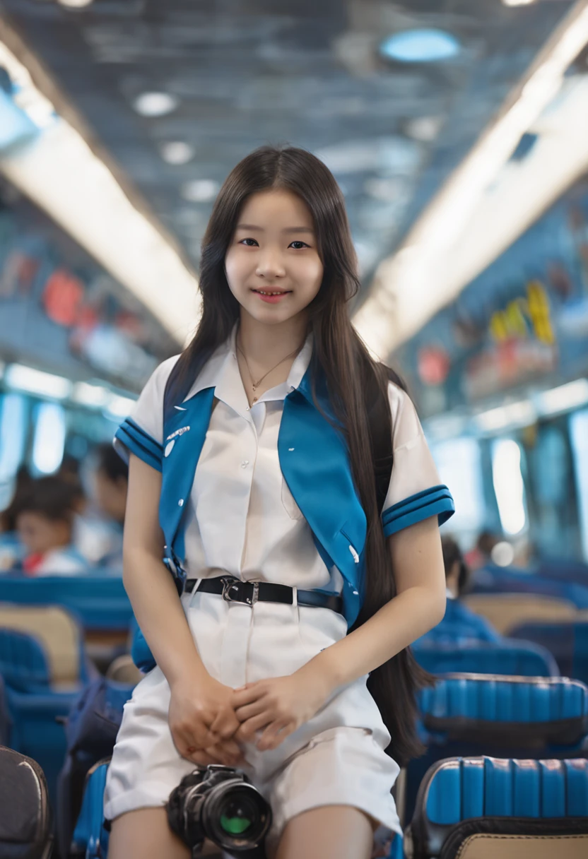 "Image Quality: 8K (Best Quality Scale: 1.2),A conon camera on her neck ,Artistic Style: Realistic, Photorealistic Factor: 1.37, Clarity: Ultra High Definition, Subject: age Girl (16 yrs old) back, blue long hair, neon color, Pleasant Smile, Korean white school uniform