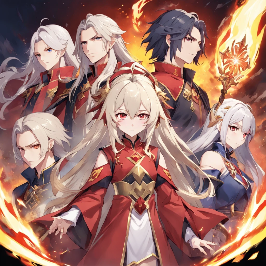an anime drawing of a long white haired young man in a red and gold outfit, picture of a male cleric, edelgard from fire emblem, edelgard fire emblem, half invoker half megumin, megumin, rpg portrait full body, zhongli from genshin impact, female cleric, keqing from genshin impact, fullbody rpg portrait, masterpiece, best quality, movie still, 1man, oriental chinese man, standing in front of chinese castle, close-up, bright, happy, warm soft lighting, sunset, (sparks:0.7)