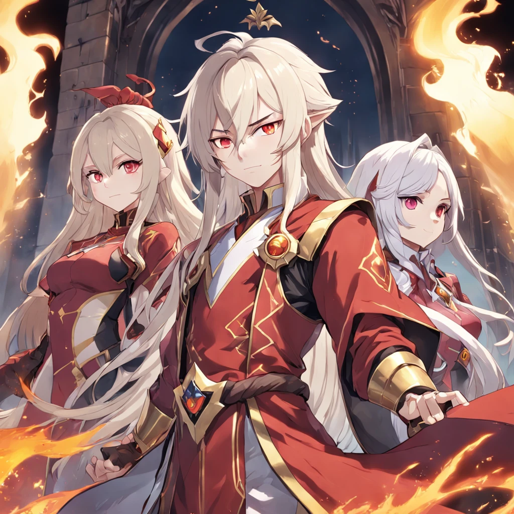 an anime drawing of a long white haired young man in a red and gold outfit, picture of a male cleric, edelgard from fire emblem, edelgard fire emblem, half invoker half megumin, megumin, rpg portrait full body, zhongli from genshin impact, female cleric, keqing from genshin impact, fullbody rpg portrait, masterpiece, best quality, movie still, 1man, oriental chinese man, standing in front of chinese castle, close-up, bright, happy, warm soft lighting, sunset, (sparks:0.7)