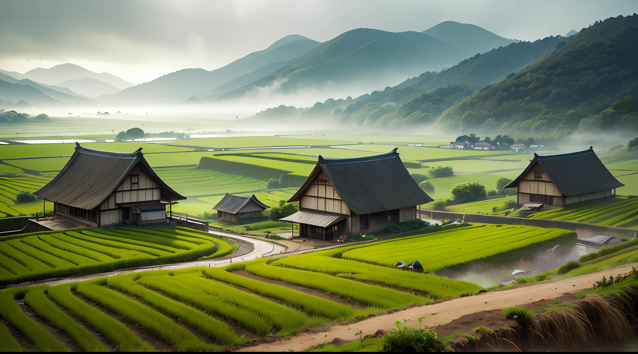 Large expanses of terraced fields, mountains, huts, with rice fields, rice fields, neat rice seedlings in the fields, misty rain, villages, agriculture, in the tranquil landscape, misty weather, in the vast tranquil landscape, in the early morning, in the morning mist, behind a small village, mist, Japanese countryside, thatched roofs --v 6