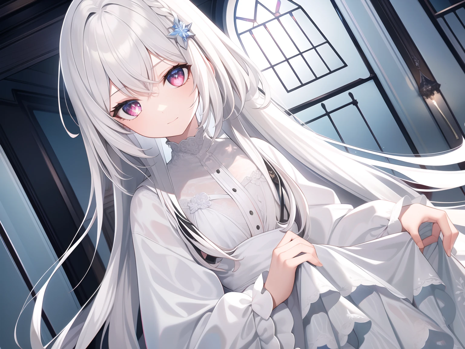 ((Masterpiece, Best quality))++, Detailed light+, Detail hair+, detail hand+ ,1girll, woman, Long hair, Crimson eyes, Beautiful eyes, Young gray hair,,(Beautiful white hair:1.5),(Beautiful detailed eyes), high resolution+, blacksilk , a black skirt, Glass tones, Reflective eyes, {{Angle}} , extremelydetailedwallpaper, Original, ,