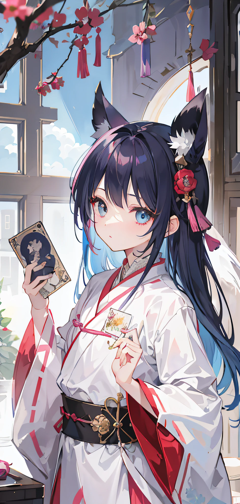 light pink colored hair，Powder-blue pupils，Clothes with pink and blue patterns，Fair and flawless sweet loli girl，Cards in hand，1girll，Age 5 years，(8K、RAW photography:1.2)、top-quality、超A high resolution、Dramatic angles、(Fine splashes of color)、(illustratio)、(((1 rapariga)))、(Long)、(airbubble:0.9)、 (hair adornments:1.4)、there is an ancient palace next to the girl、Chinese clothes、(Focus)、Color ink painting、(colored splashing)、Colorful splashes、(((Extremely colorful)))、(sketched:0.8) 、tmasterpiece、best qualtiy、Beautifully painted、A highly detailed、(denoised: 0.6)、[Splash ink]、((ink refraction))、(Beautiful detailed sky)、a moon、A highly detailed、(tmasterpiece、best qualtiy、A highly detailed) CG Unity 8k wallpapers、tmasterpiece、top-quality、ultra - detailed)、(Lycoris radiata)、、Cards in your hand，the card player man，TCG card