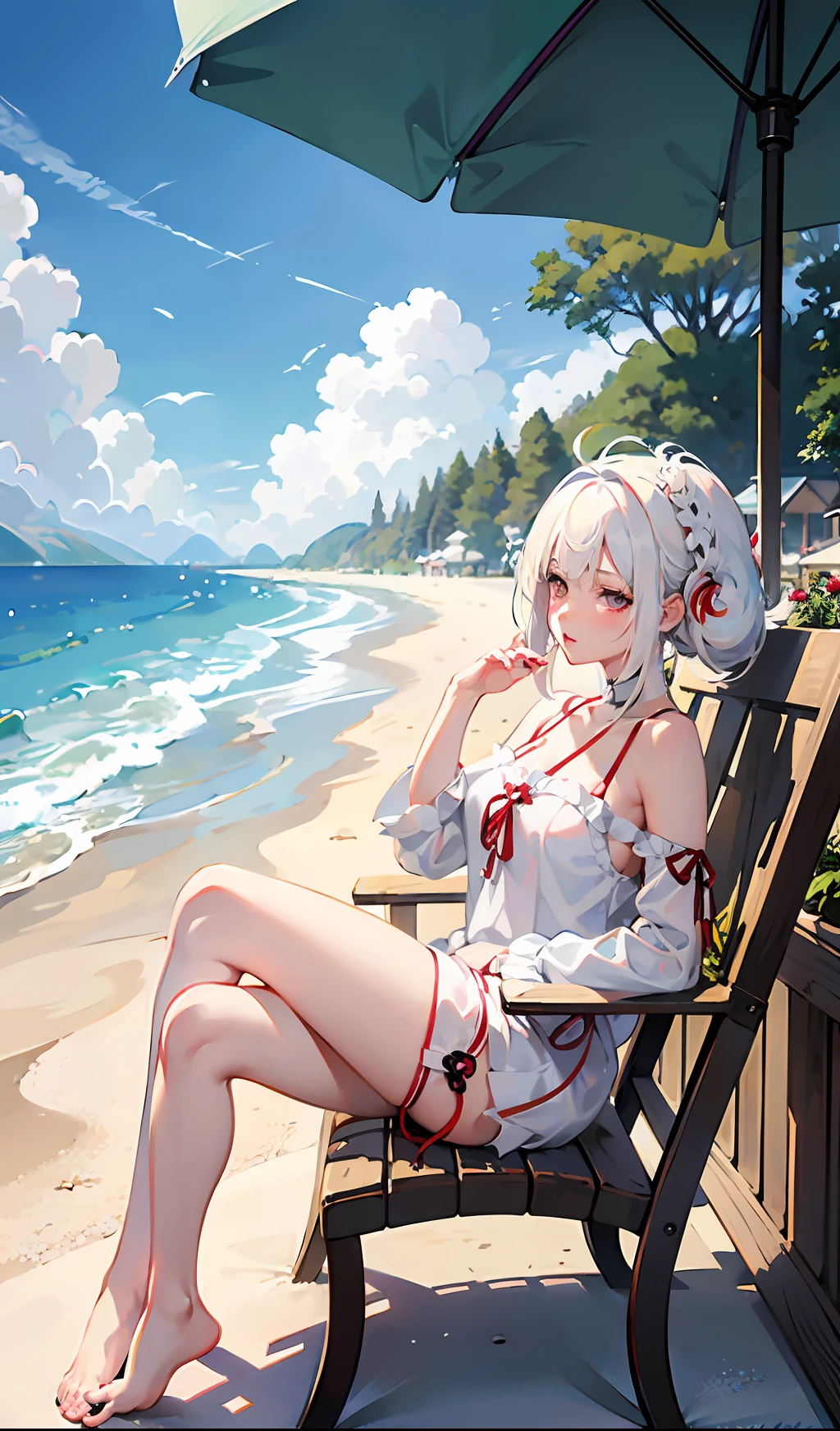 White-haired anime girl sitting in hammock on beach, white-haired god, Anime goddess, seductive anime girls, Perfect white haired girl, Girl with white hair, white haired Cangcang, Guviz, beautiful and seductive anime woman, detailed anime art, white haired lady, Loli, trending on artstation pixiv, azur lane style, from girls frontline