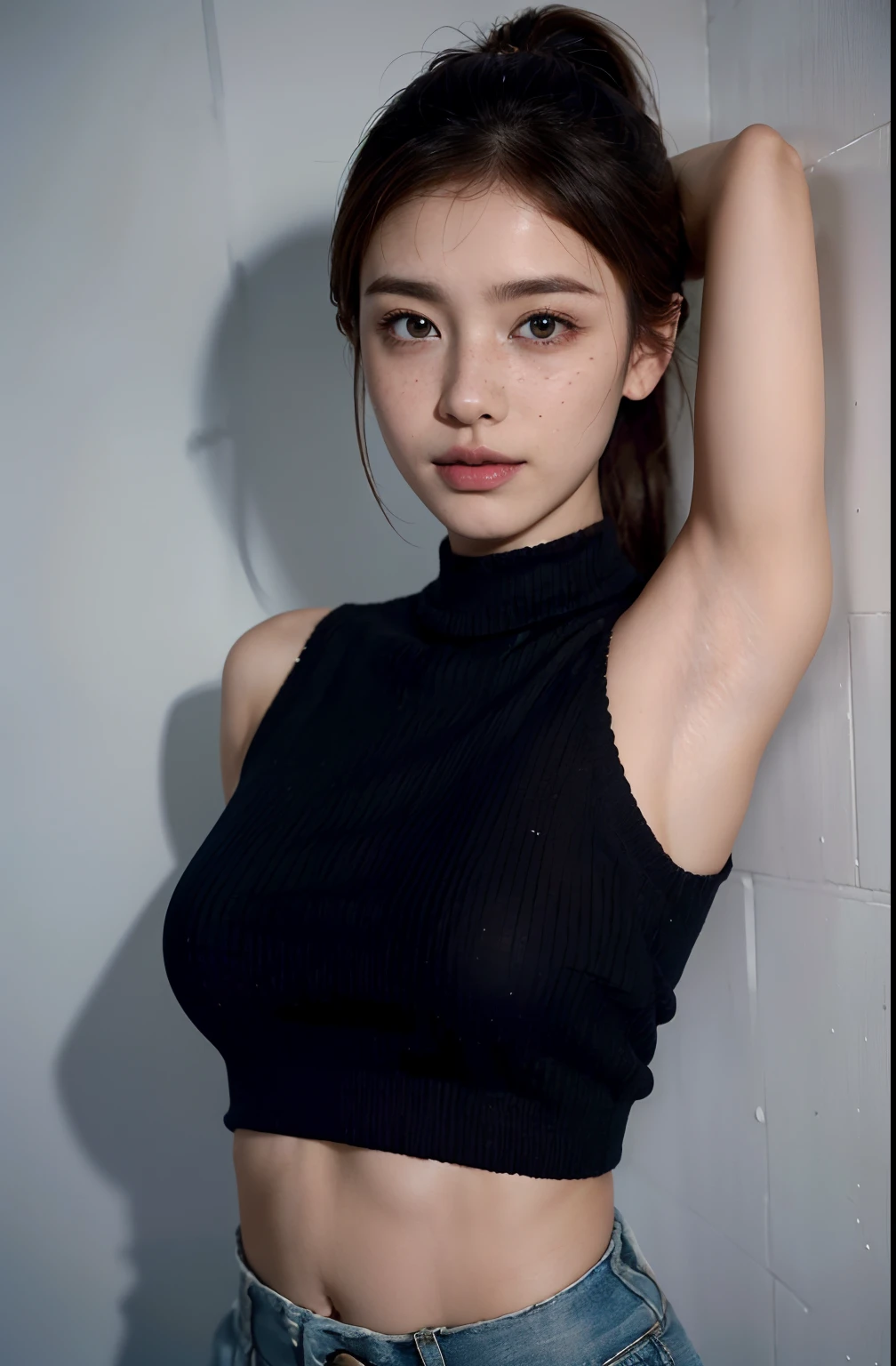 ((Show underarms、Armpit、Bright armpits、Oiled shiny armpits:1.10 tecateca armpits:1.10、Detailed wrinkles in the armpits:1.6、Wrinkles under the armpits:1.6、Sweaty face、Show me your armpits、A hyper-realistic、Armpit、Shine a light in the armpits:1.8、Detailed armpit wrinkles、Detailed armpit pores、Realistic armpit skin、Shine a light in the armpits、Bright armpits)), (illustratio、Sleeveless sweater), (hight resolution), (8K), (ighly detailed), (The best illustrations), (armpit pose、beatiful detailed eyes), (top-quality), (ultra-detailliert), (masterpiece), (wall-paper), (详细的脸), girl、Freckles on the face、Show shiny wrinkled armpits,Brown hair,high-ponytail Hairstyle、Upper body only,Navel is visible、Girl in a dark blue sweater without sleeves, japanes,