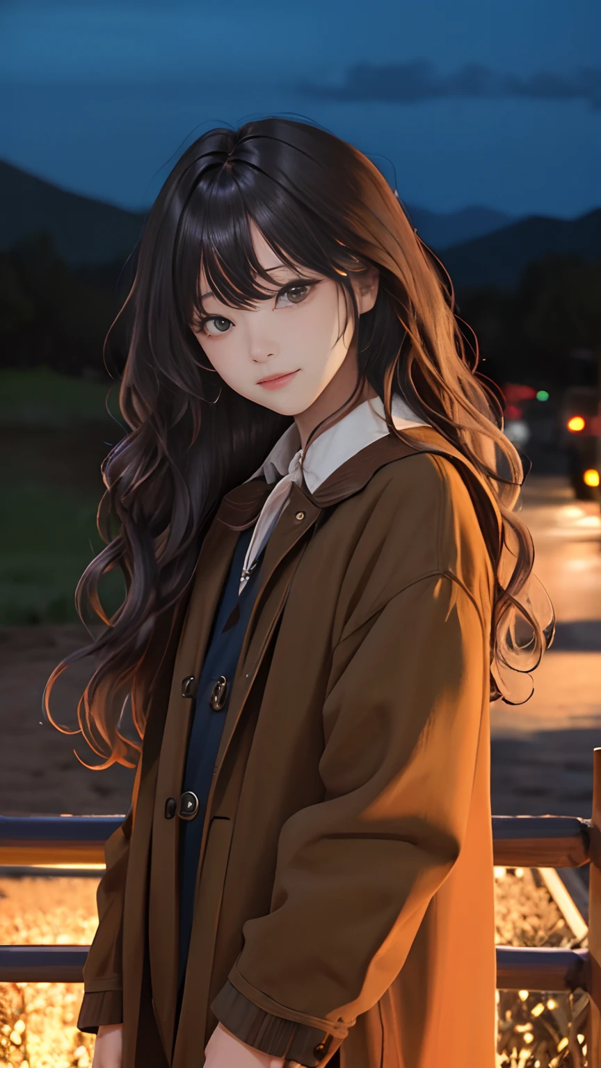 (masterpiece:1.2), (best quality:1.2), night, (looking at viewer), bright skin, cowboy shot,
outdoors, fringe,
long hair, (wavy hair),