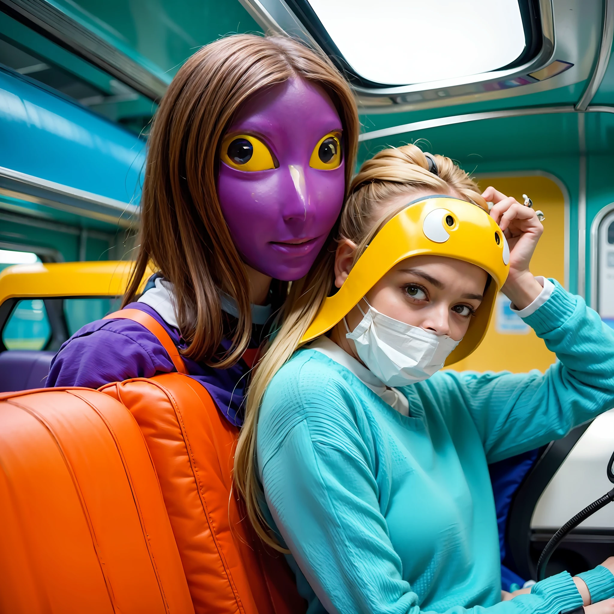 Two women in masks on a bus with a passenger, movie still of the alien girl, inspirado em Chris LaBrooy, the robot wearing her human mask, Fotografia Alexey Gurylev, bird mask, ainda de um filme live action, people are wearing masks, Jogo de Lula, Fotografia Alexey Kurylev, filme ainda 8K, foto colorida, foto de retrato