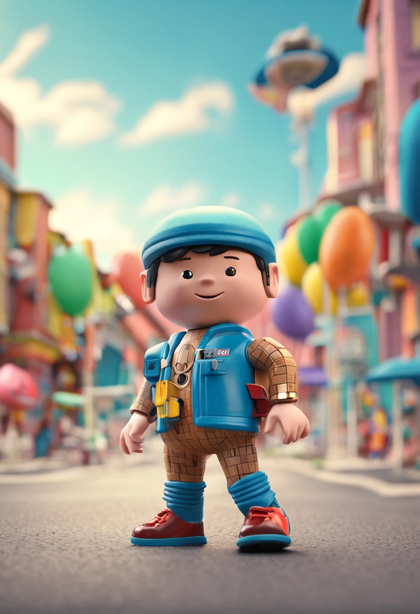 Crie um mascote semelhante ao playmobil , personagem infantil , 8k, Modelo 3D, O corpo como forma de um brinquedo , com boca, 2 olhos e sem nariz, with legs and arms, de corpo inteiro. The character is cute and charismatic, o personagem tem cores vivas e coloridas. fotorrealista, super alta qualidade, Super Detalhe, ultra-accurate description of hands, roupas detalhadas, utensilios bem detalhados, master part, 8k, HDR