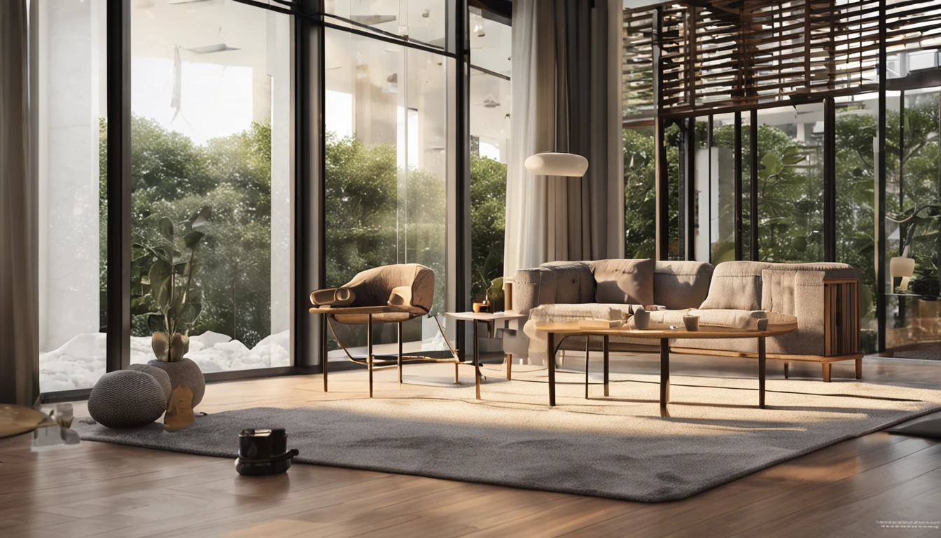 Ozone generator on the tabletop,Furniture environment,floor to ceiling window,NOhumans,Fresh air,rays of sunshine,The background is blurred out,Wooden furniture,European style decoration,Large left center:AIRAS 2-in-1 Air Purifier,Image size 1464px x 625px,Poster style