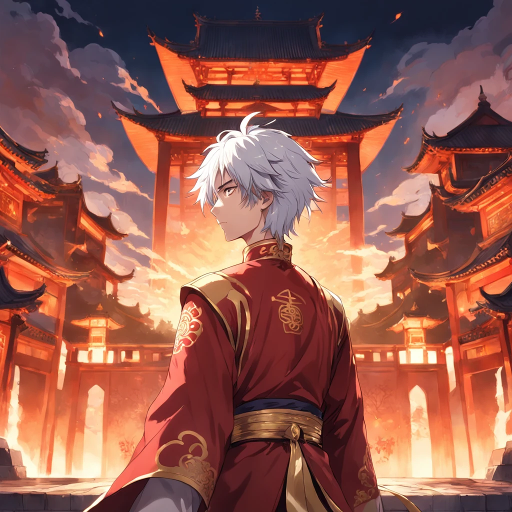 an anime drawing of a white haired young man in a red and gold outfit, picture of a male cleric, masterpiece, best quality, movie still, 1man, oriental chinese man, standing in front of chinese castle, close-up, bright, happy, warm soft lighting, sunset, (sparks:0.7)