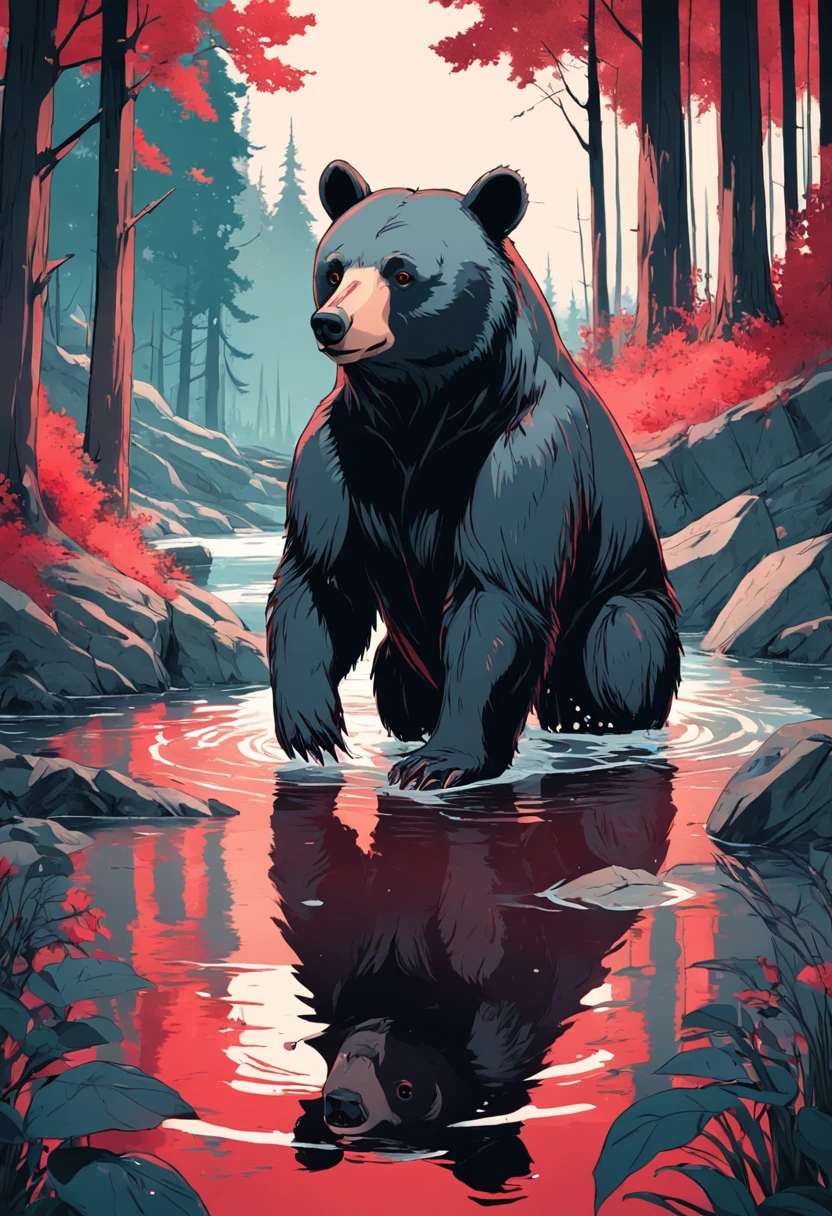 Black bear picture in CG game, In the style of medieval illustrations, Symbolic figurative landscapes, Light red and silver, Vintage poster design, Organic Art Nouveau, Saturated pigment pool, woodcut print