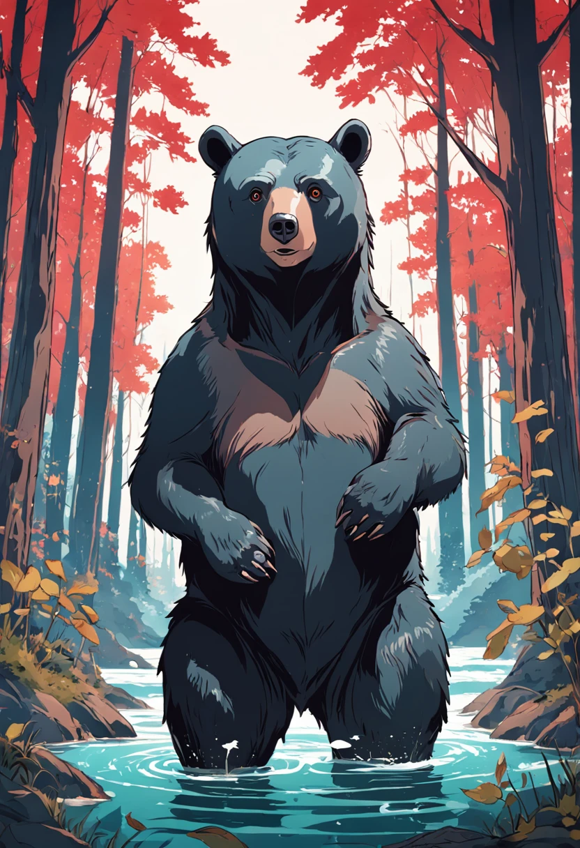 Black bear picture in CG game, In the style of medieval illustrations, Symbolic figurative landscapes, Light red and silver, Vintage poster design, Organic Art Nouveau, Saturated pigment pool, woodcut print