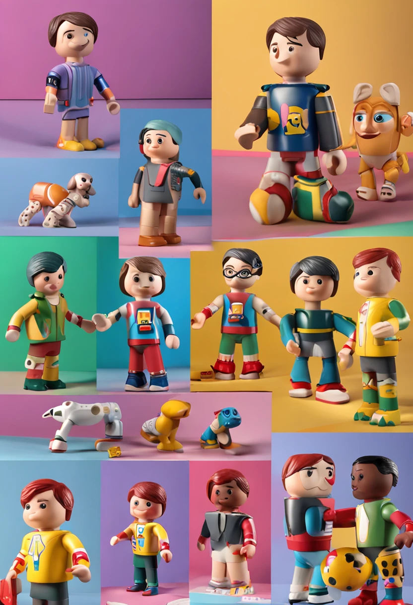 Crie um mascote semelhante ao playmobil , personagem infantil , 8k, Modelo 3D, O corpo como forma de um brinquedo , com boca, 2 olhos e sem nariz, with legs and arms, de corpo inteiro. The character is cute and charismatic, o personagem tem cores vivas e coloridas. fotorrealista, super alta qualidade, Super Detalhe, ultra-accurate description of hands, roupas detalhadas, utensilios bem detalhados, master part, 8k, HDR